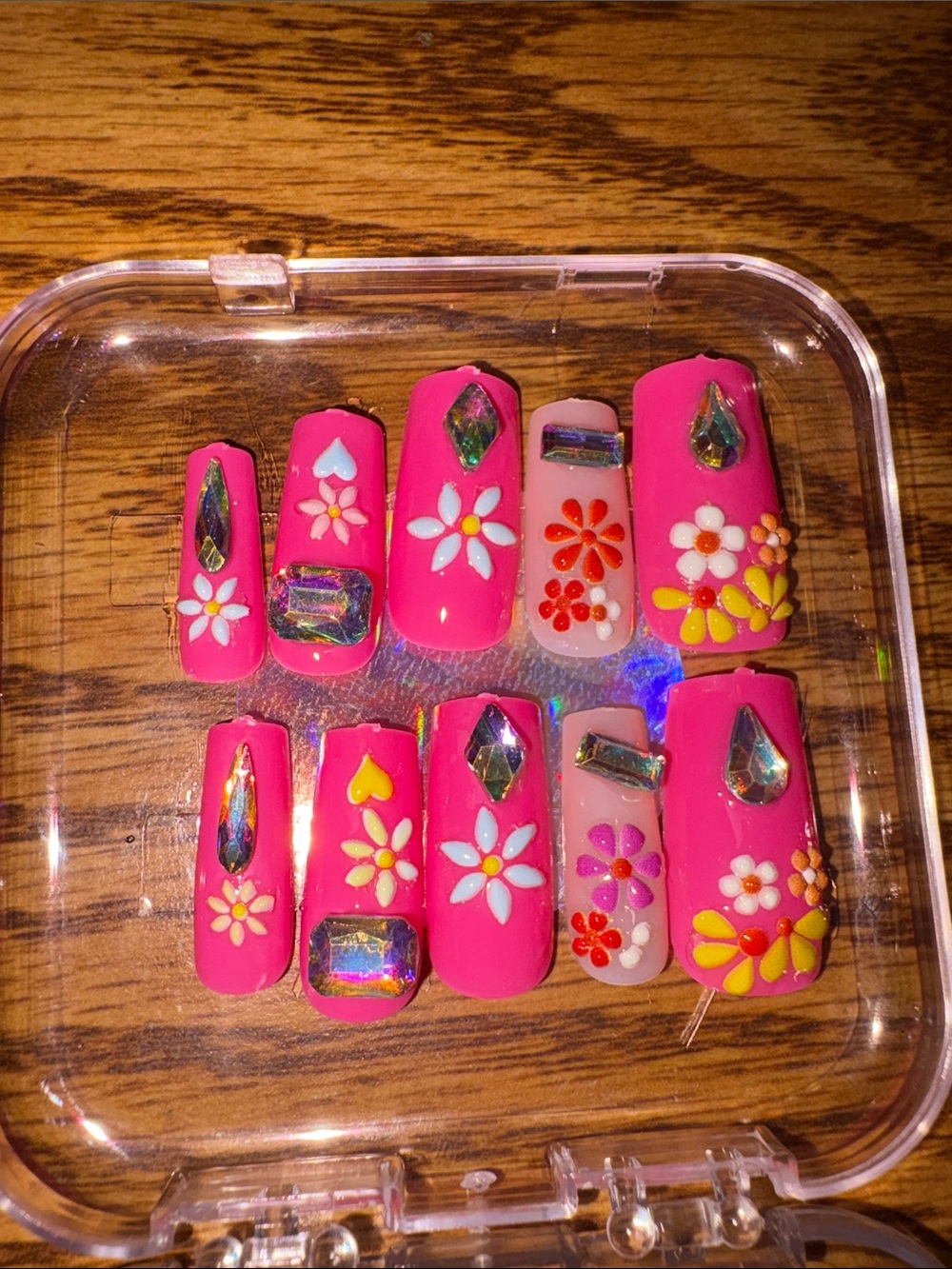 Hot Pink Floral Press-On Nails with Rhinestones